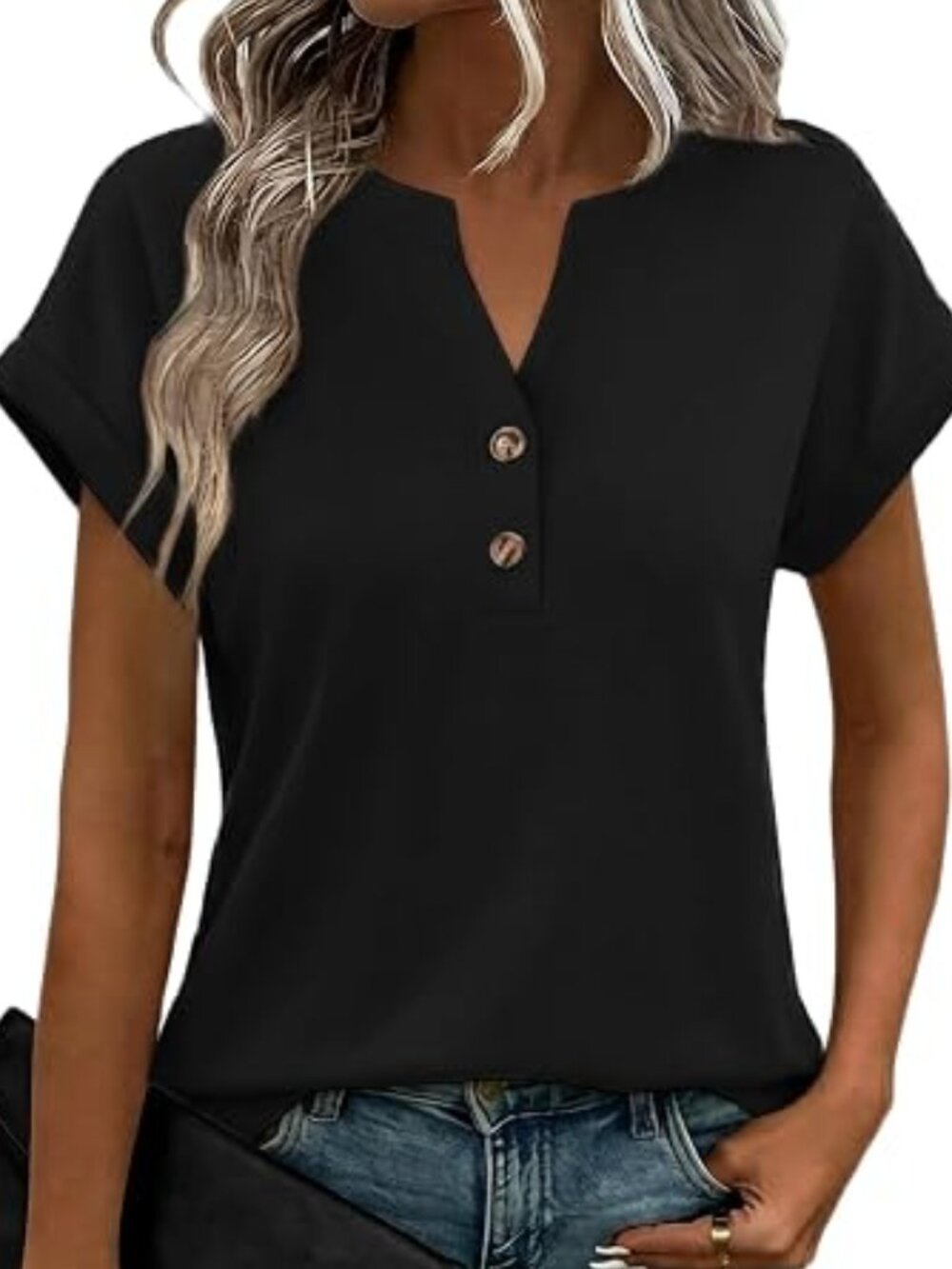 Anrabess Women V Neck Button Rolled Cuff Short Sleeve Blouse (L)